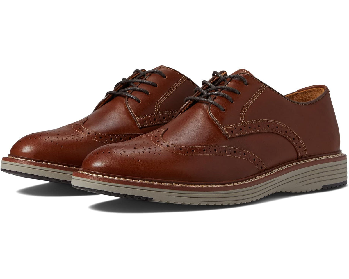 Men's tan wingtip oxford dress shoes, lace-up with brogue perforations and cushioned sole