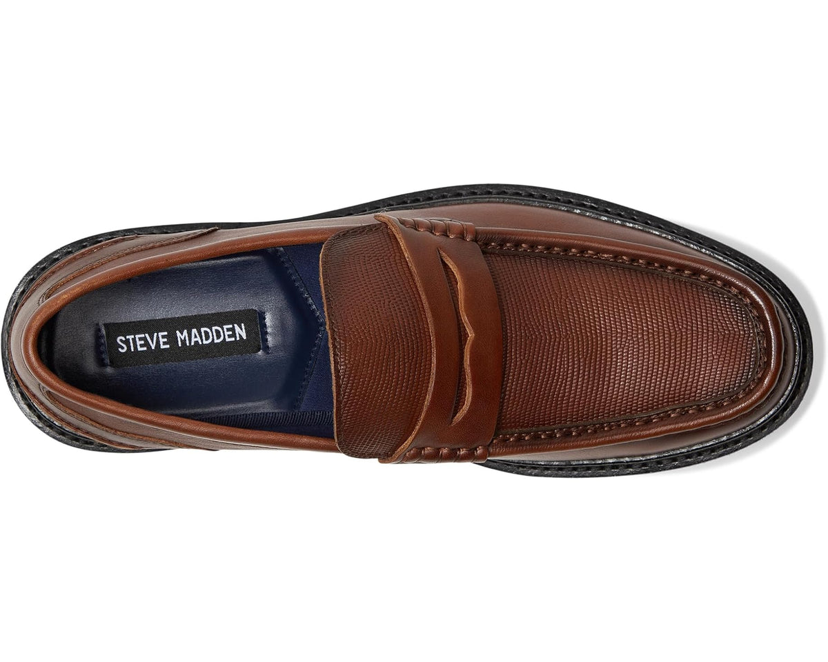 Steve Madden tan leather loafer side view with logo insole