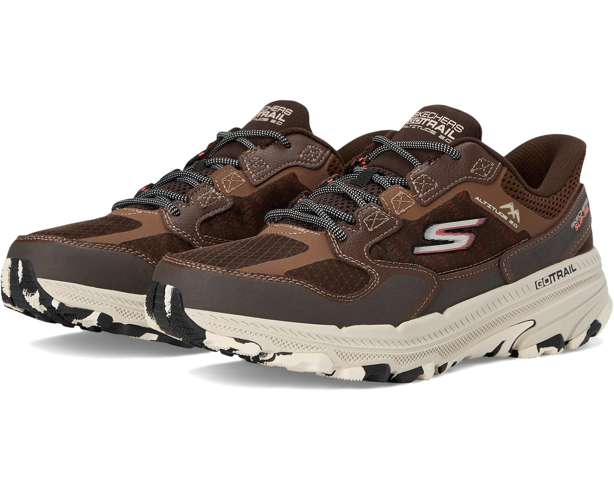Brown and orange men's trail slip-in sneaker with Skechers logo and chunky white outsole