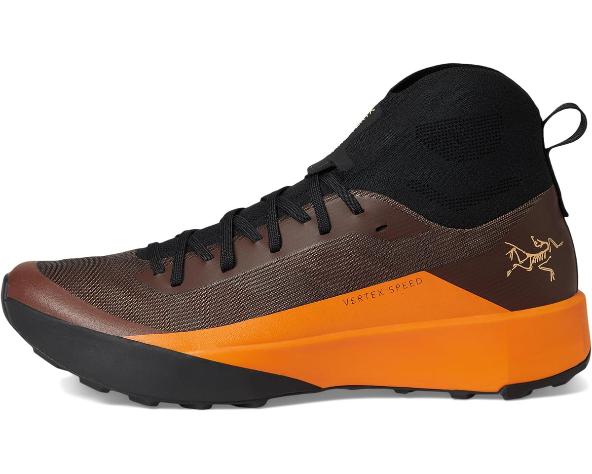 Arc'teryx Vertex Speed trail shoe, brown upper with orange midsole and black collar
