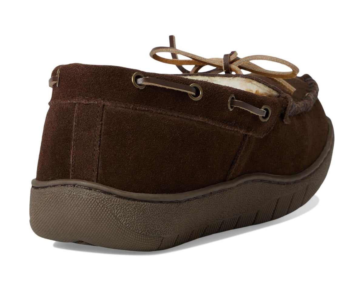 Men's dark brown suede moc slipper with lace-up top and seam details on heel