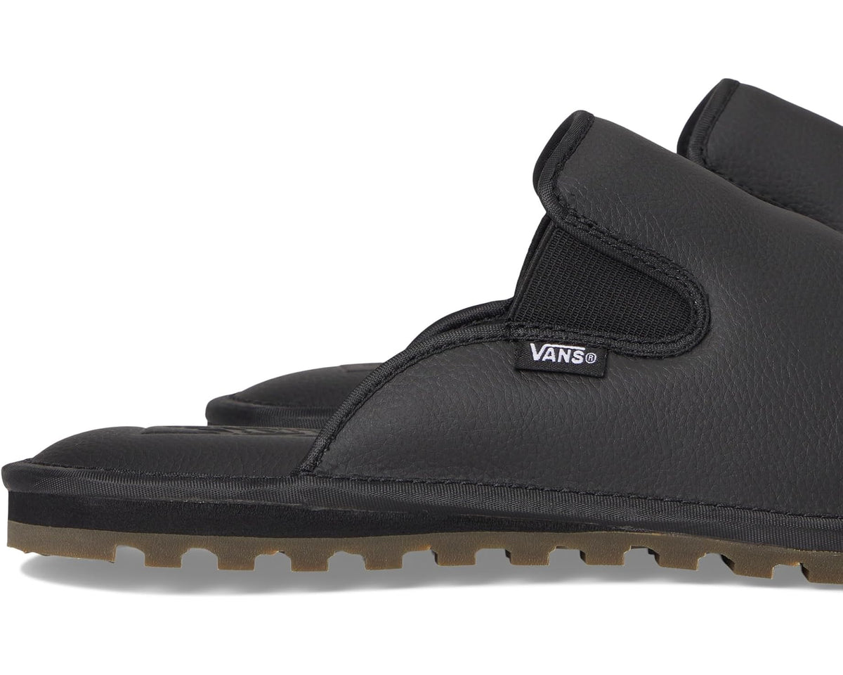 Unisex black leather mule slipper with side logo patch and treaded rubber sole