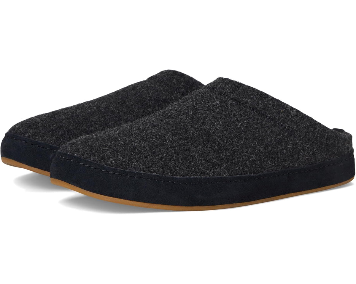 Men's dark charcoal felt slip-on slippers with stitched toe and tan rubber sole