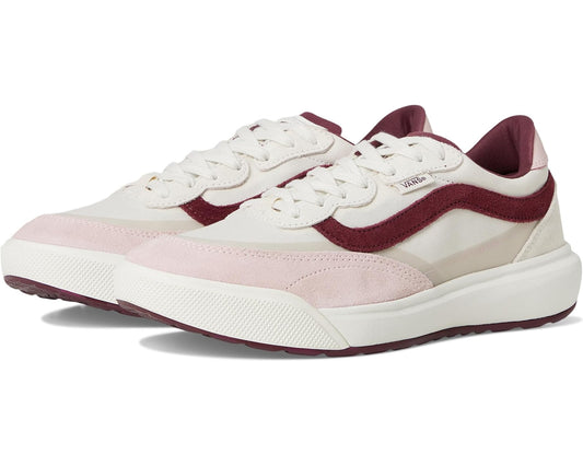 Low-top unisex sneakers in cream with mauve suede panels and burgundy accents