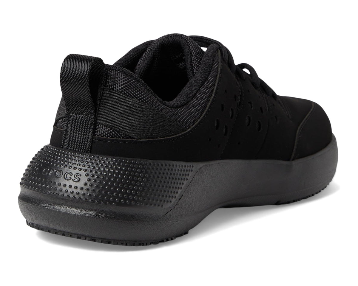 Triple-black sneaker heel with padded collar, lace-up tongue, and textured panel