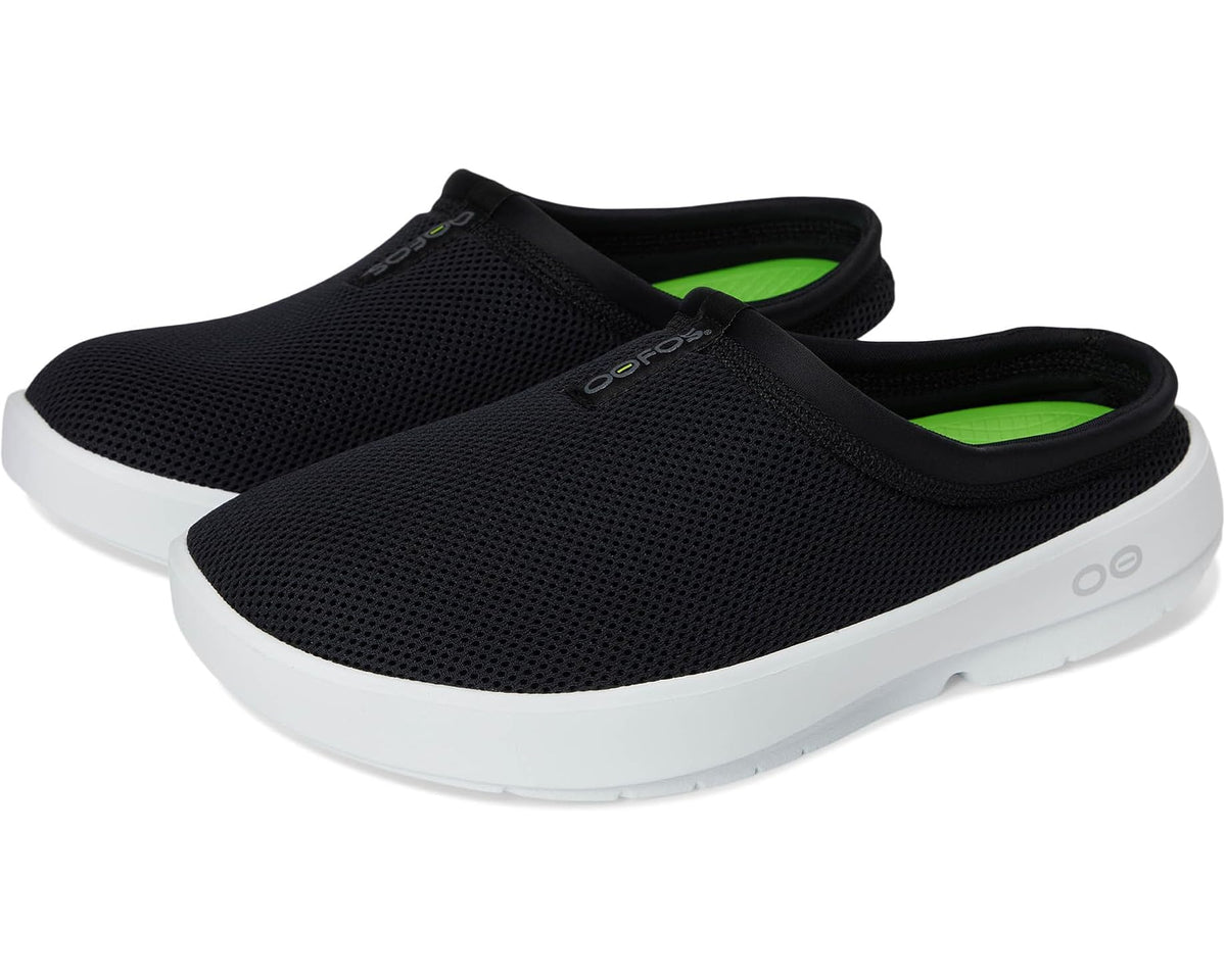 Men's OOFOS OOcoozie sport mule shoes, black mesh with white sole