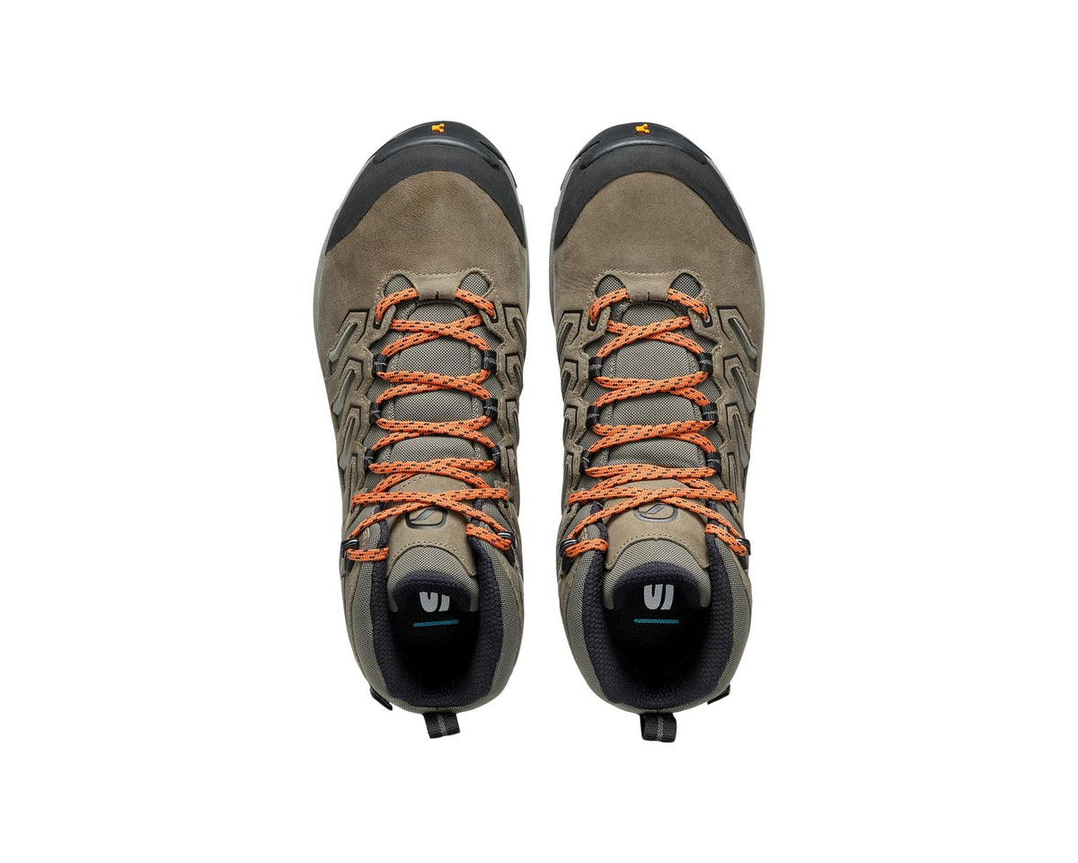 Pair of mid hiking boots with orange lace-up front and dark lining, fossil brown