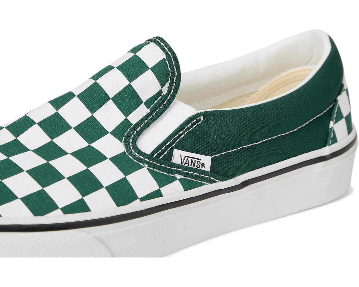 Vans checkerboard slip-on with green canvas upper and elastic goring at collar