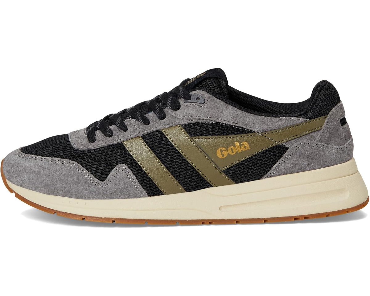 Gola Delta low-top sneakers in ash gray, black, and khaki stripe panels