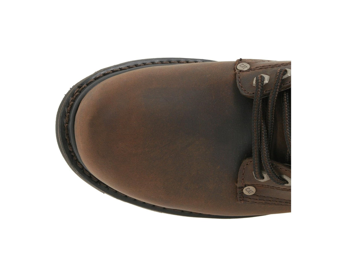 Dark brown leather work boot toe and side view with lace eyelets and stitching