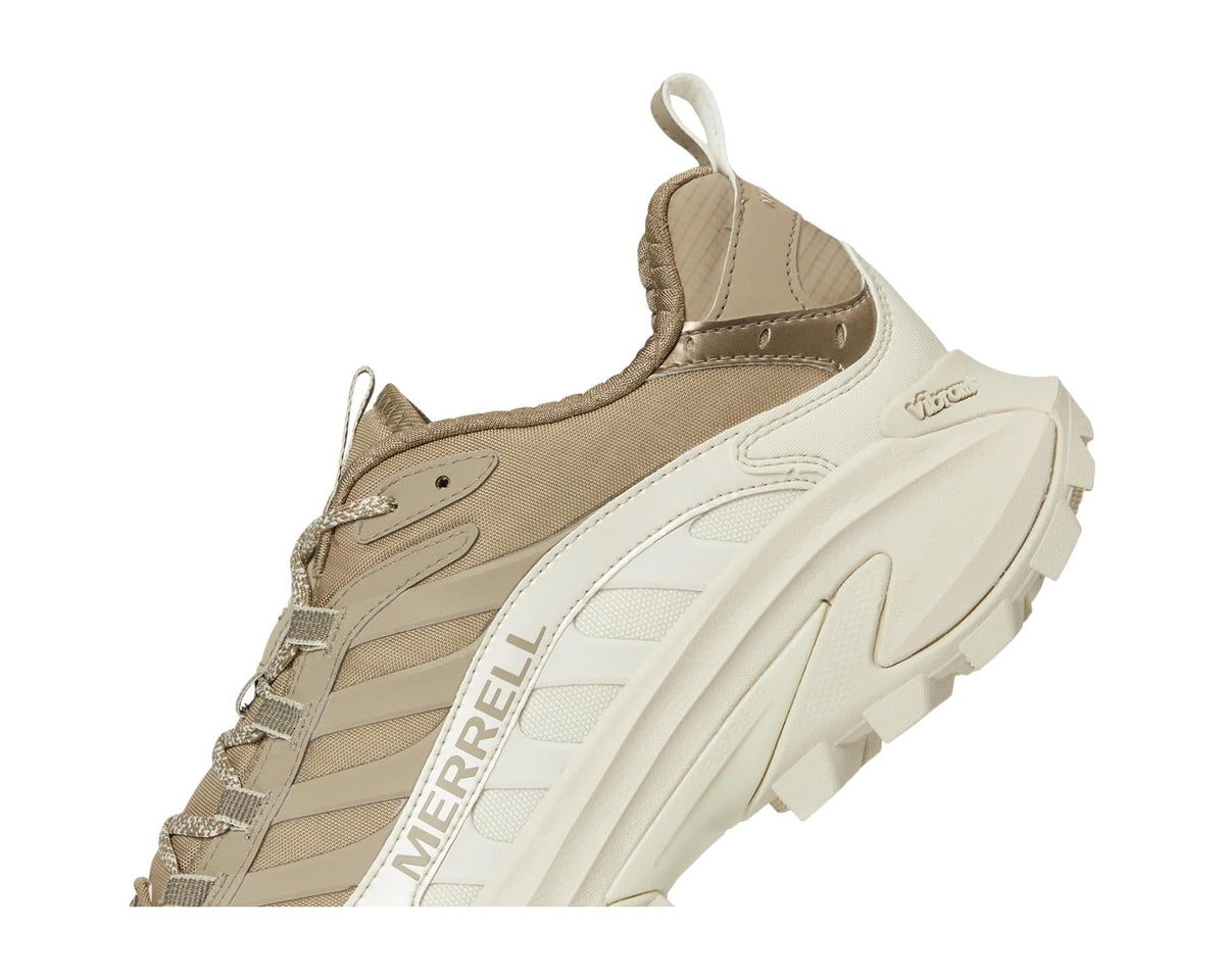 Men's Merrell sneaker side view with tan upper and off-white stabilizer strip