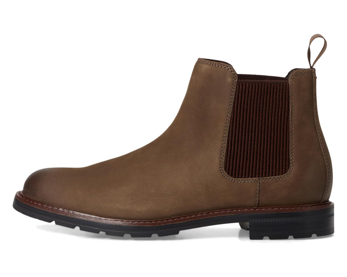Truffle nubuck Chelsea boot with black elastic gusset, pull tab, and brown welt stitching