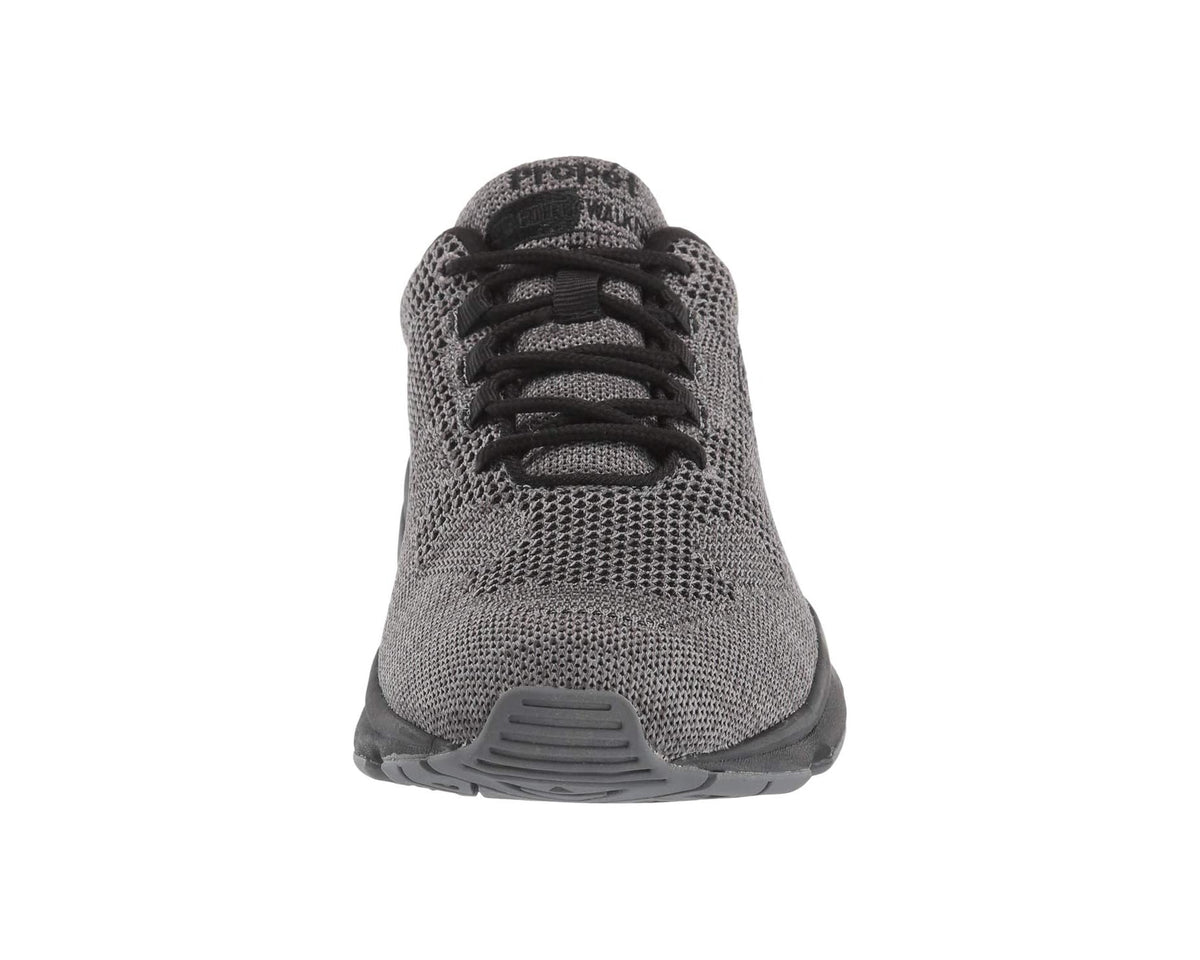Men's Propet Stability Fly sneaker, front view, grey knit upper with black lace-up