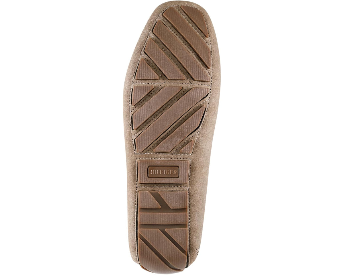 Taupe suede loafer outsole with molded tread and Tommy Hilfiger logo