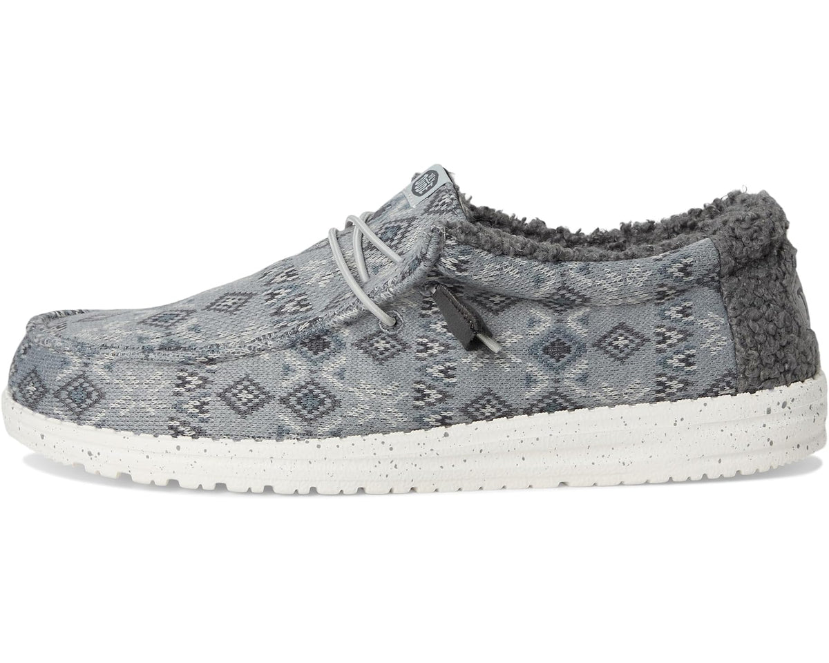 Men's Hey Dude Wally knit sneaker side view, grey geometric print with sherpa collar