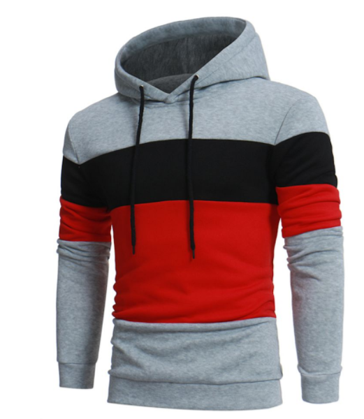 Men's color-block hoodie sweatshirt, heather gray with black and red center panel