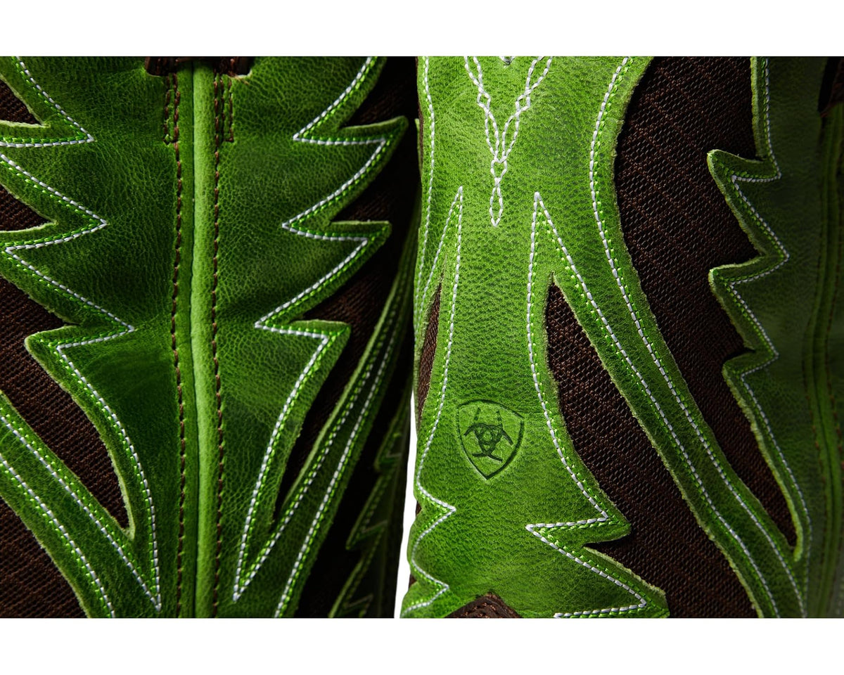 Ariat boot upper close-up with bright green stitching and contrasting dark brown panelwork