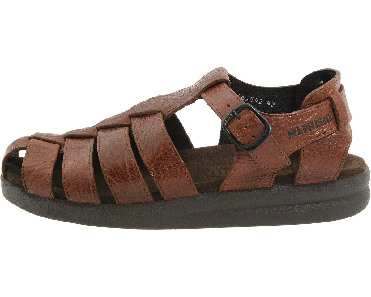 Tan leather sandal side profile with adjustable buckle strap and open toe