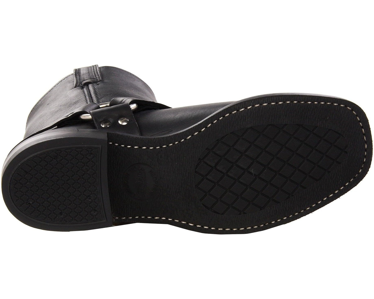 Black boot outsole with textured tread and stitched welt