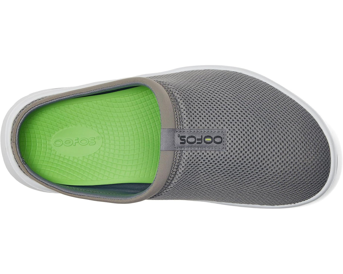 OOFOS OOcoozie mule shoe, open side view showing green footbed