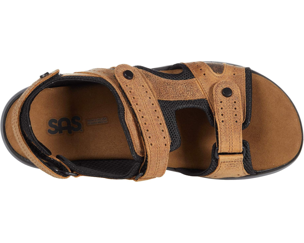 Tan suede sport sandal with black lining, SAS logo footbed, and adjustable strap