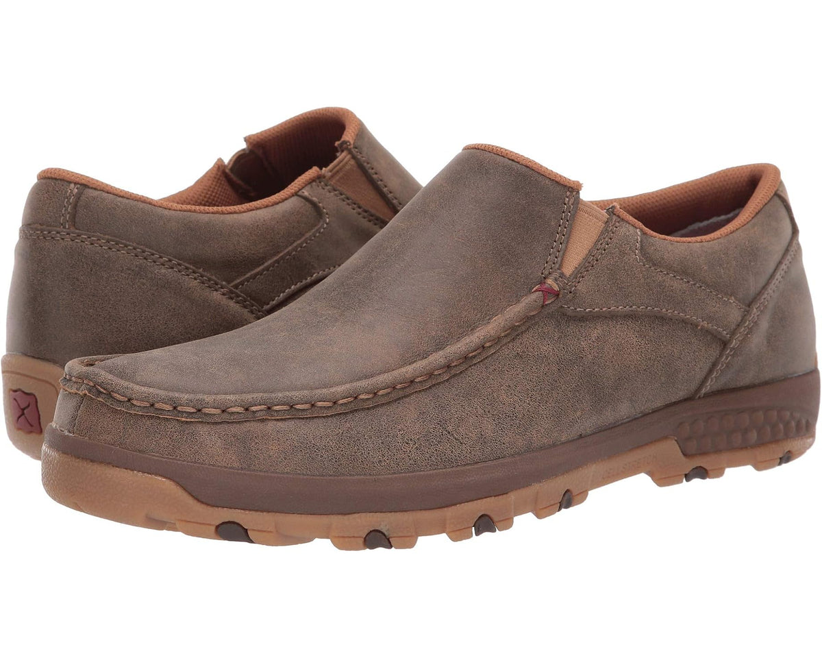 Men's suede slip-on moccasin shoes in brown with stitched seams and rubber tread