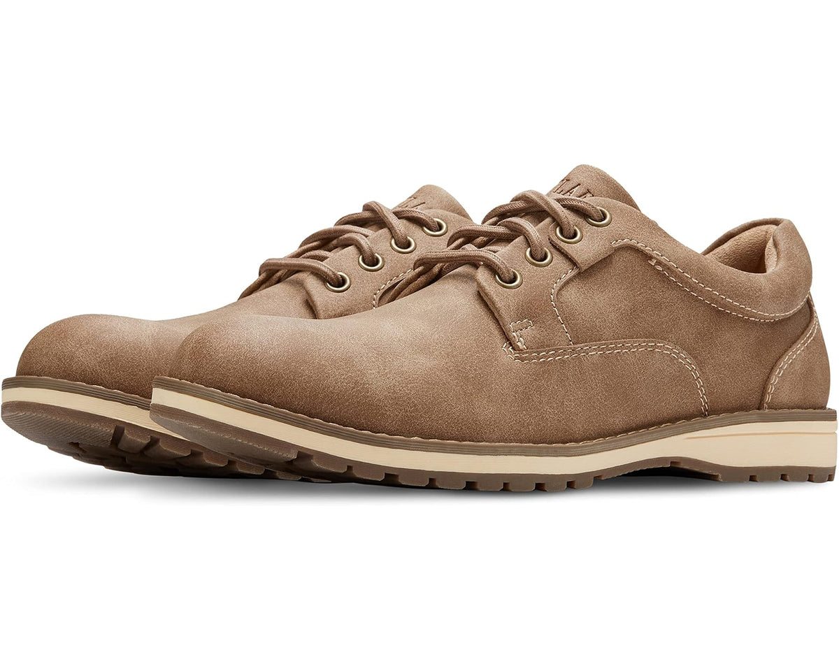 Men's lace-up casual shoes in tan suede with lug sole and contrast stitching