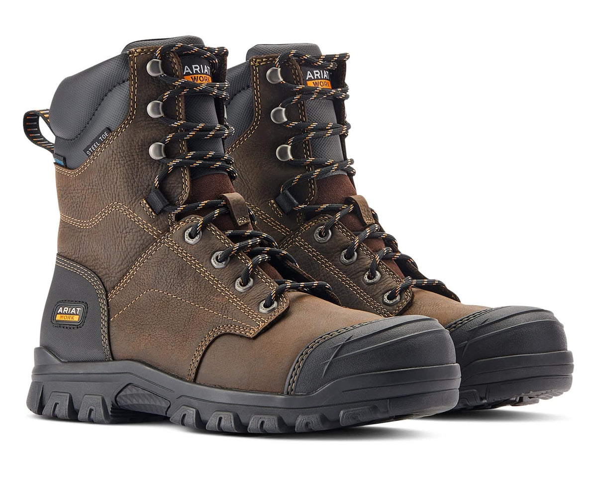 Men's dark brown waterproof work boots with steel toe, lace-up, rugged rubber outsole