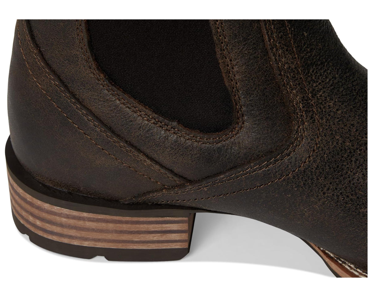 Men's acorn brown boot heel with stacked tread sole and stitched elastic gore