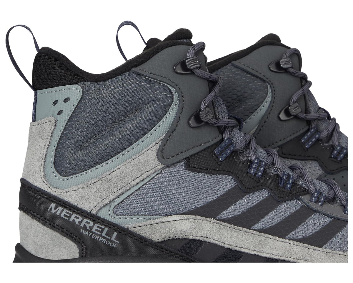 Men's waterproof hiking boot upper close-up, mesh and suede panels, lace hooks, MERRELL.