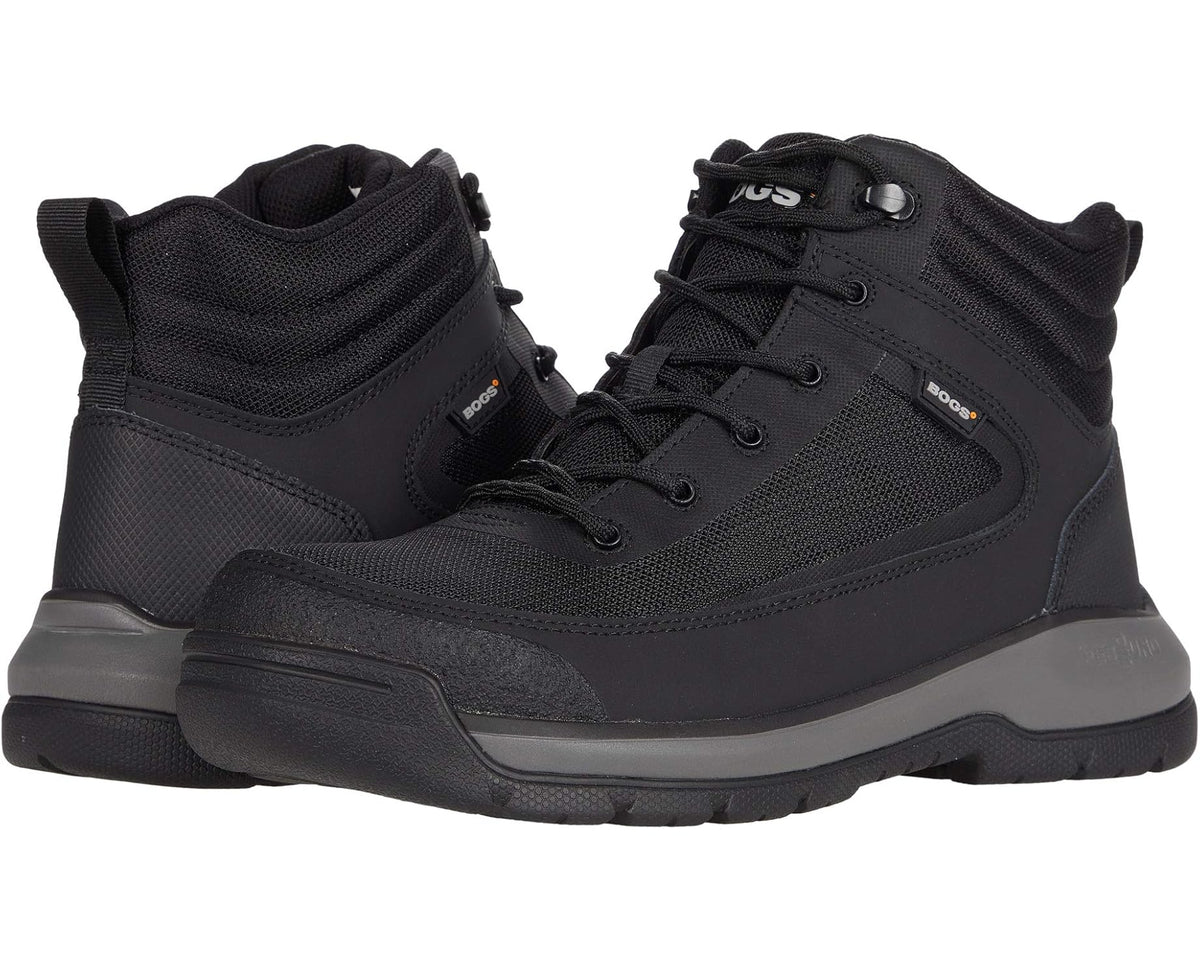 Men's black mid-cut lace-up work boots with mesh upper and padded collar