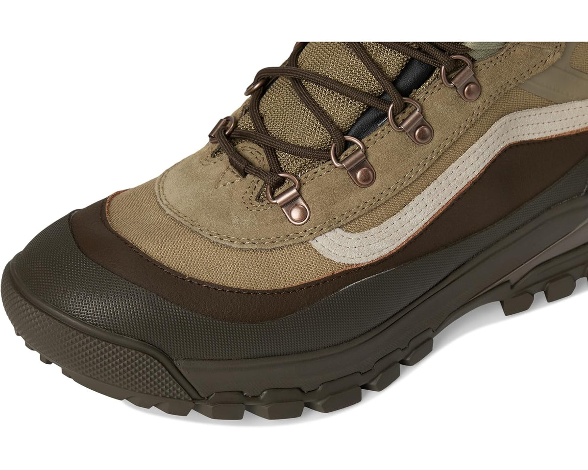 Unisex lace-up snow boot side view with brown overlays and white mid-panel