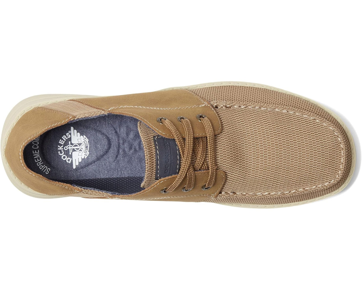 Men's taupe lace-up sneaker side view with cushioned collar lining