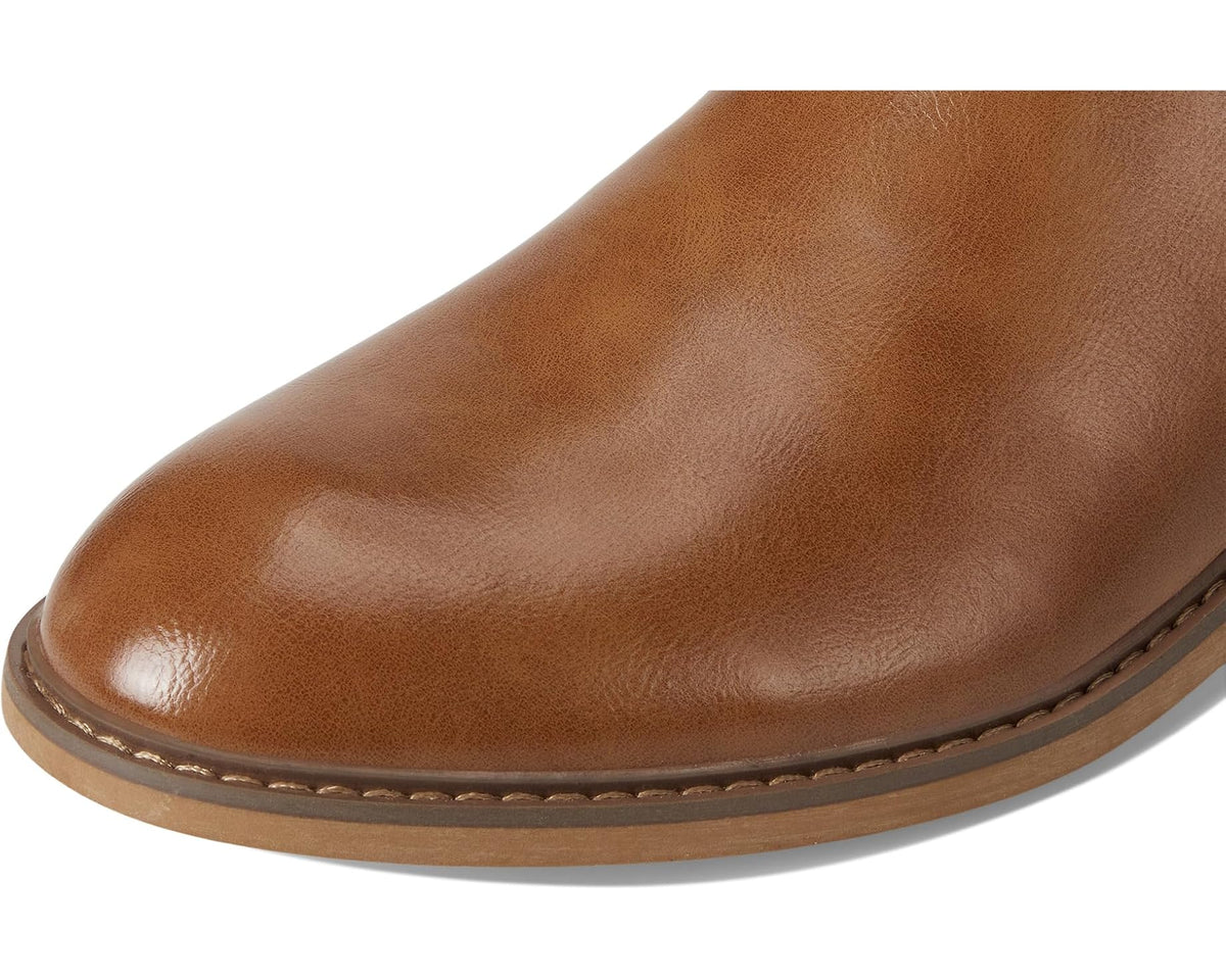 Tan leather Chelsea boot toe and side profile with contrast welt stitching