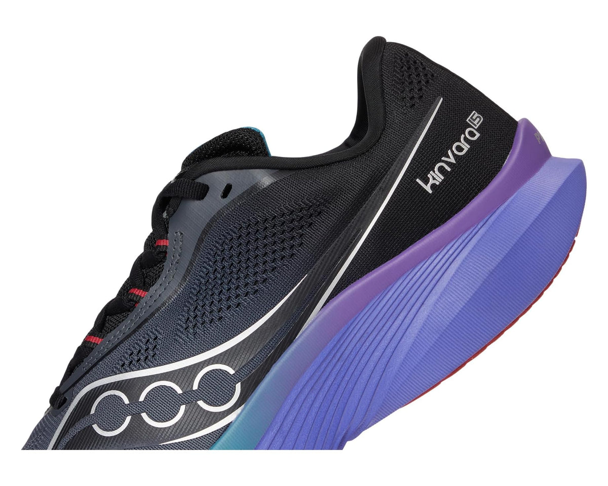 Men's dark gray sneaker with Kinvara side text and large purple cushioned sole