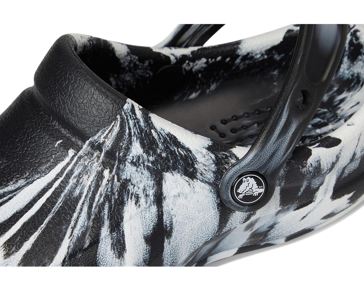 Unisex Crocs work clog close-up: black-and-white zebra upper with round Crocs badge.