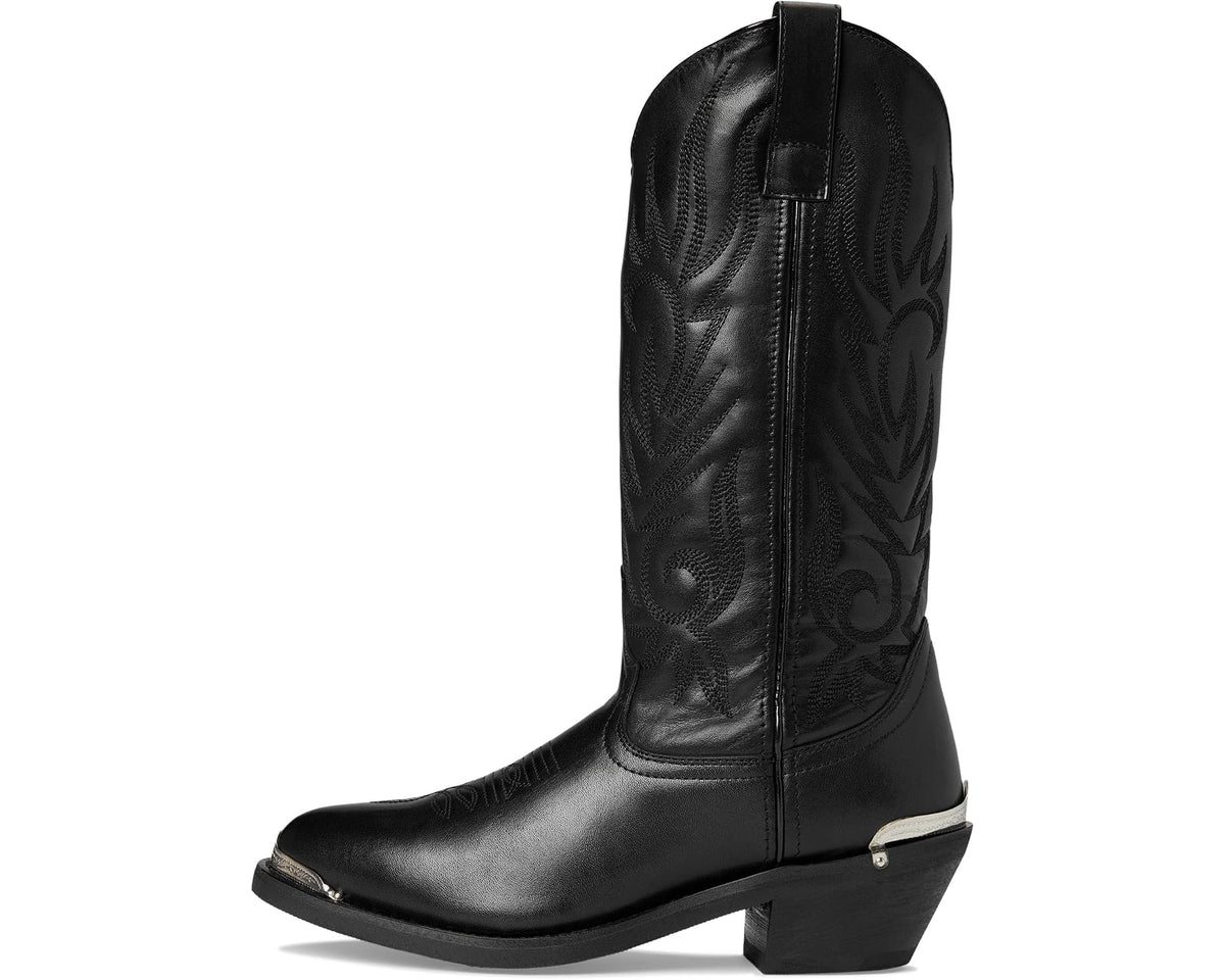 Men's black cowboy boot with tall shaft zipper and sculpted heel
