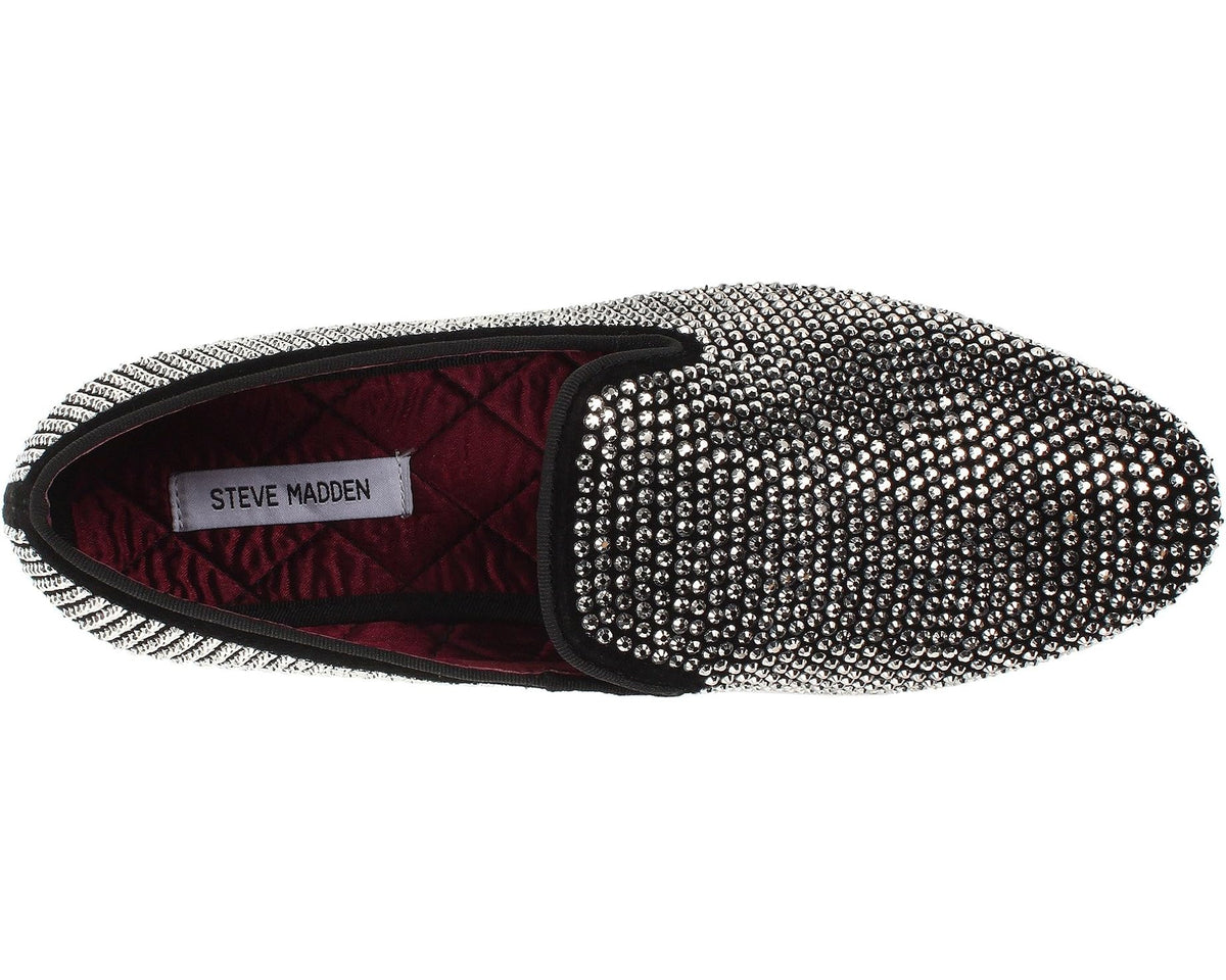 Rhinestone-covered slip-on loafer with cushioned red interior lining