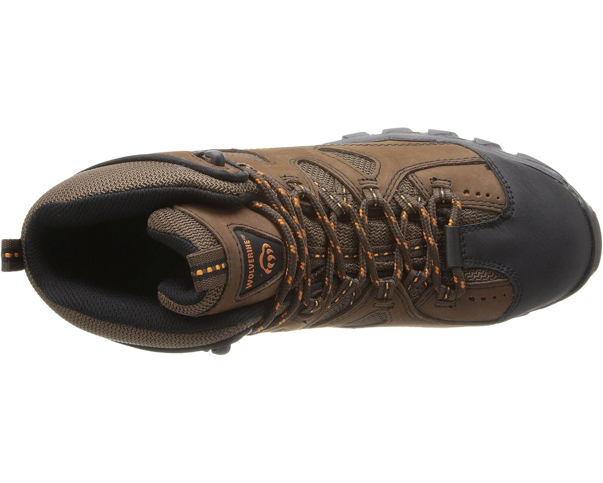 Men's brown and black hiker boots, side view, padded collar and orange lace details