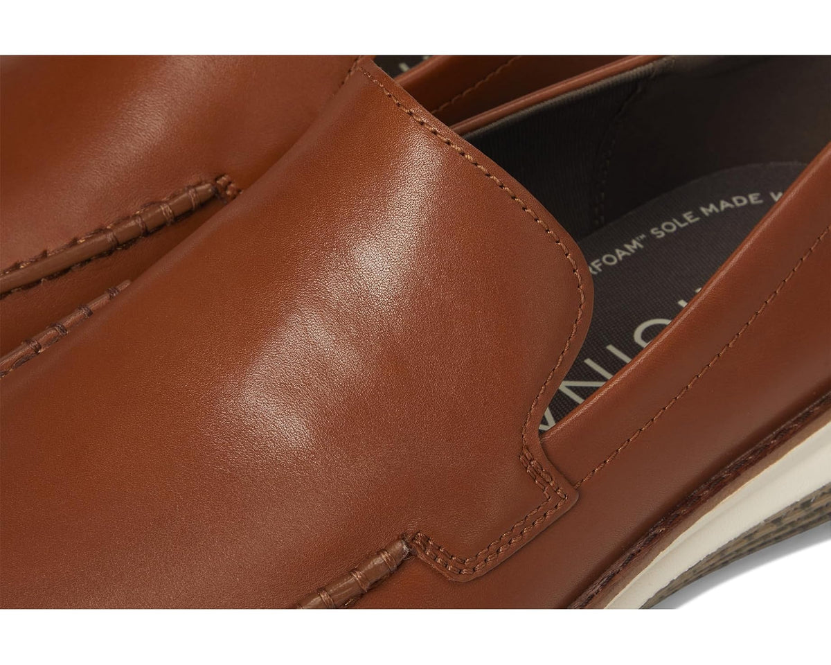 Close-up of brown leather loafer upper with stitching and side seam detail