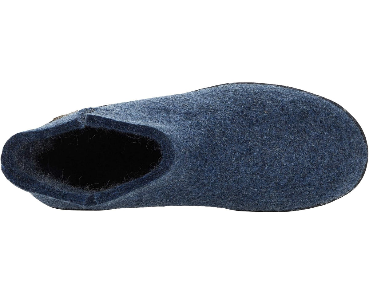 Denim-blue wool slip-on boot with open heel collar and black rubber outsole edge