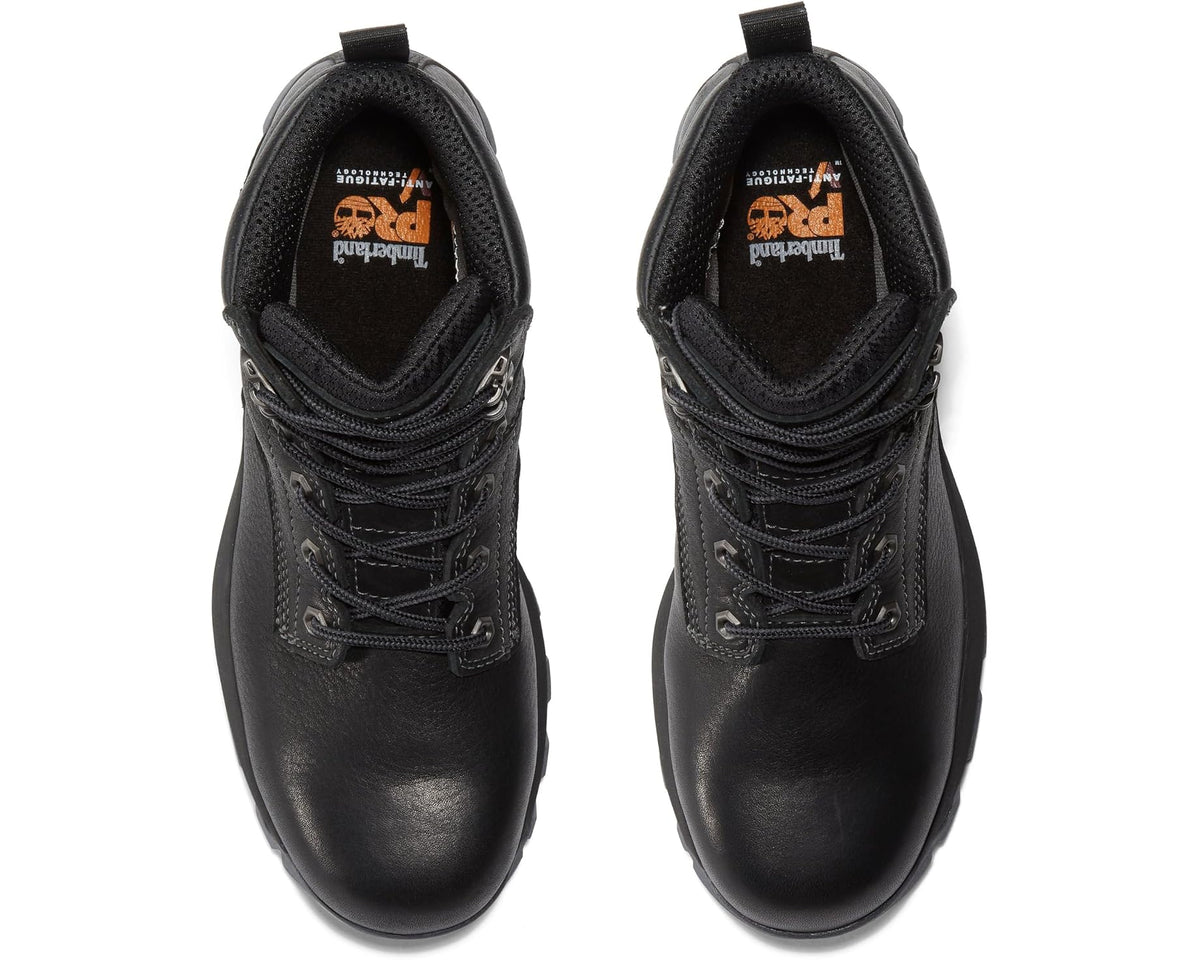 Men's black work boots, top view showing lace-up panels and interior lining