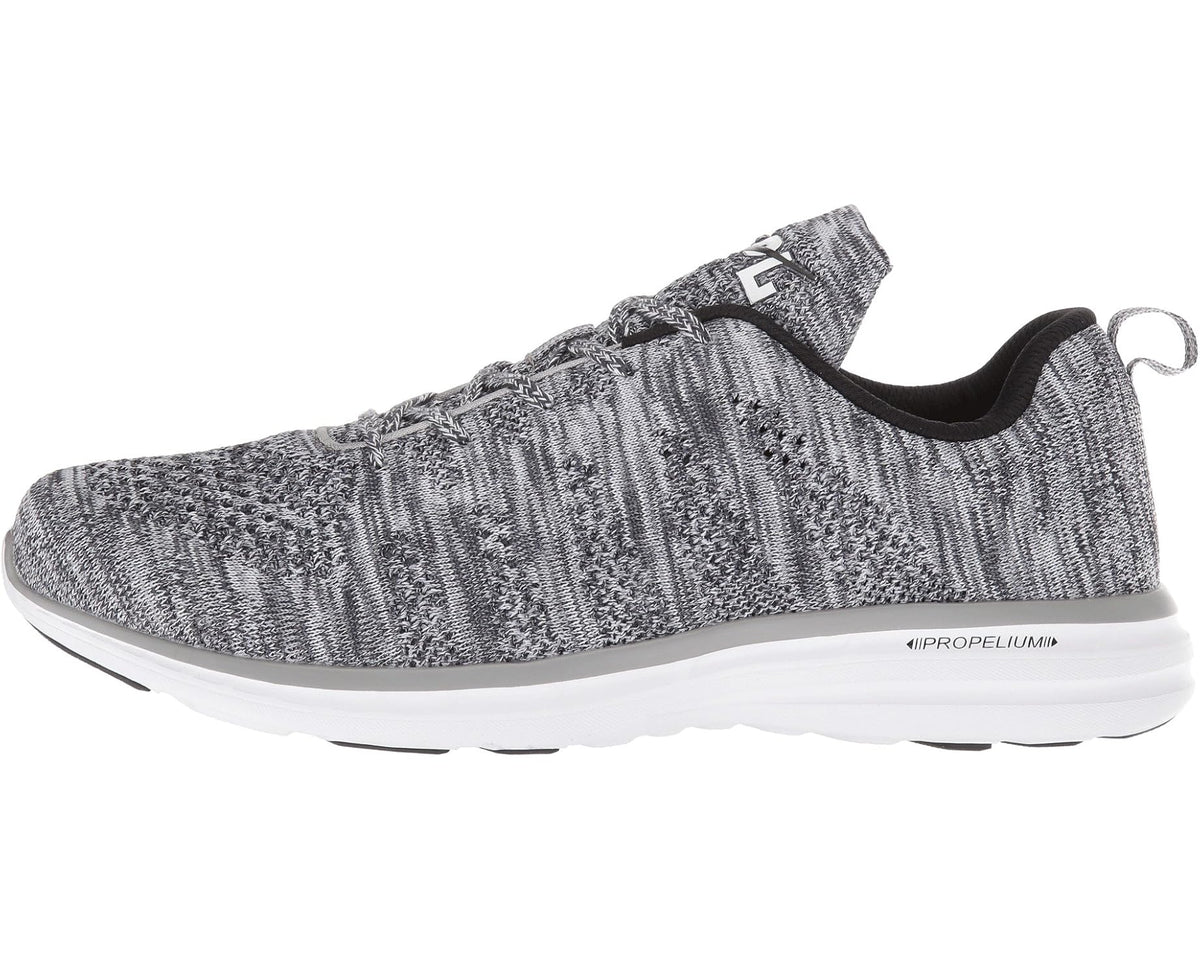 Men's APL Techloom Pro heather grey knit sneaker, angled side view with white sole