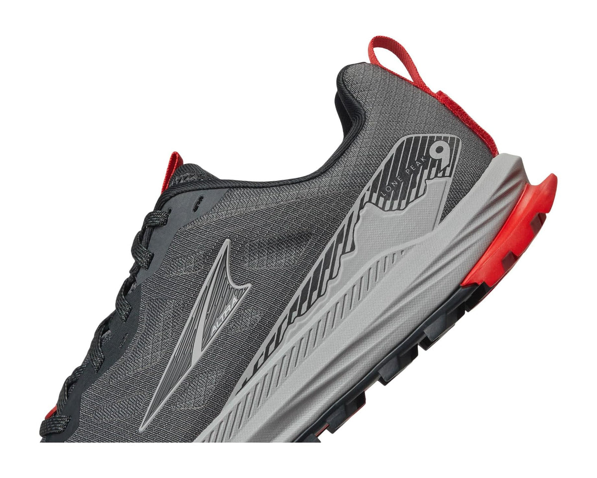 Altra Lone Peak 9 side detail, dark gray upper with red pull loop and logo