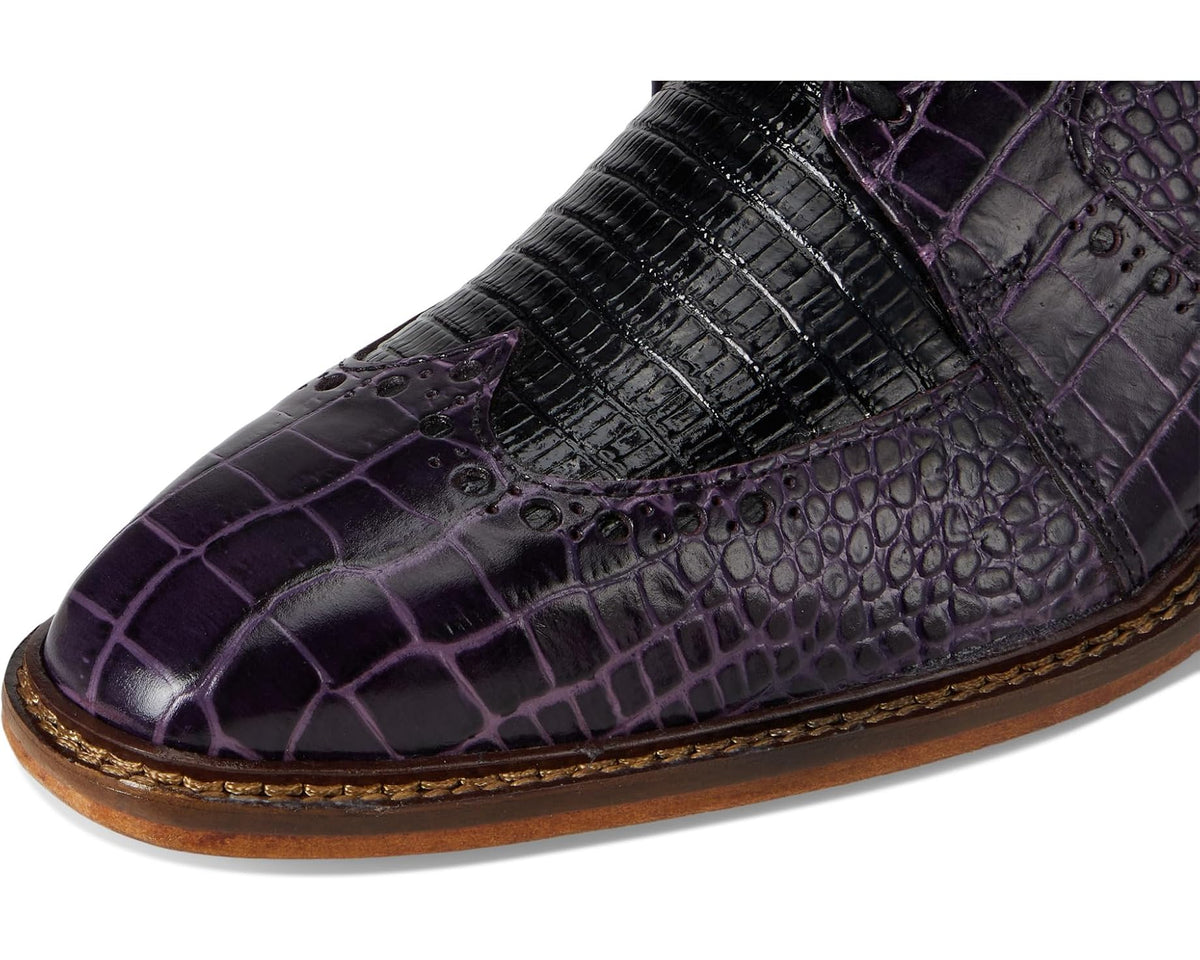 Men's Stacy Adams lace-up oxford toe close-up, purple multi croc-textured leather