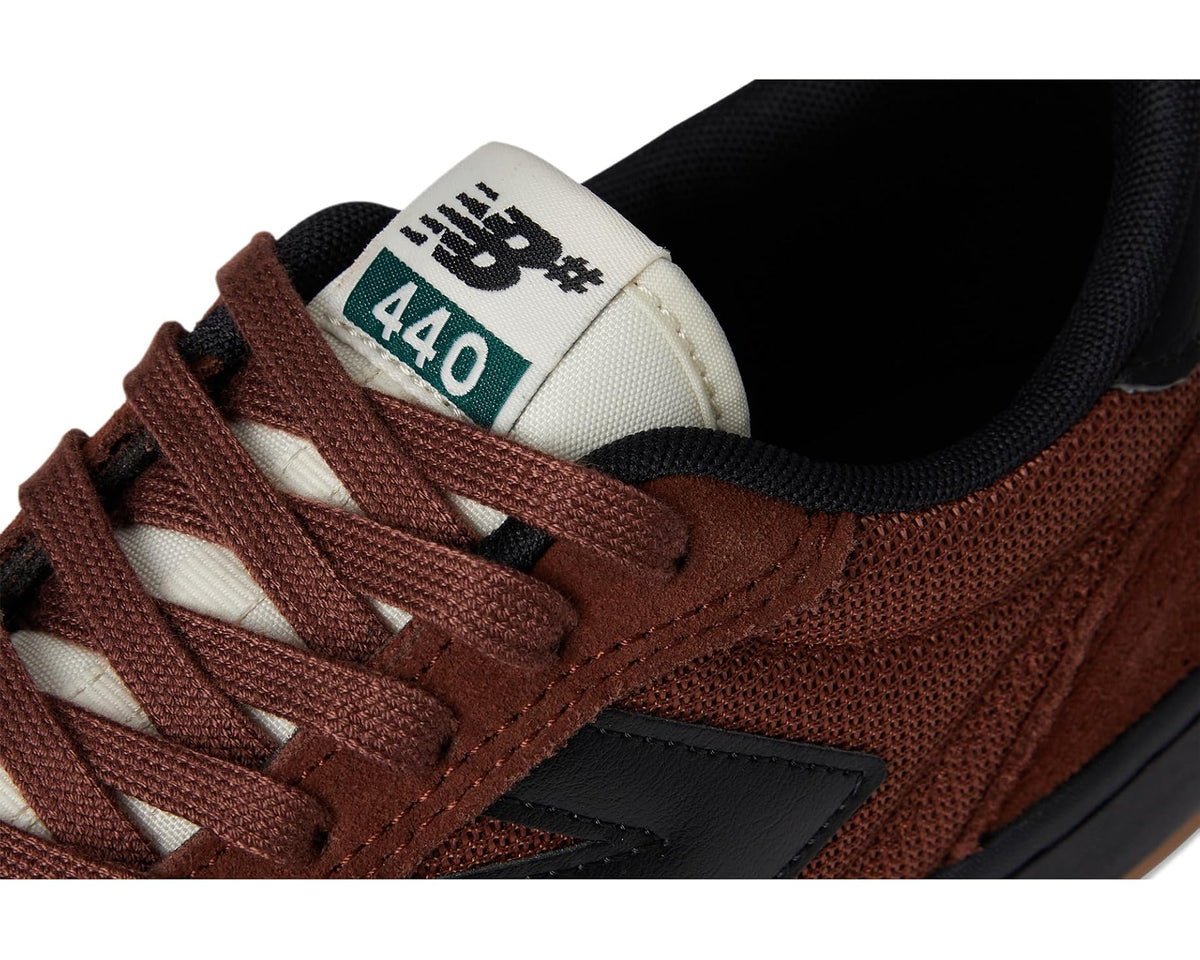 Men's New Balance 440 V2 skate shoes, close-up of '440' tongue and brown laces