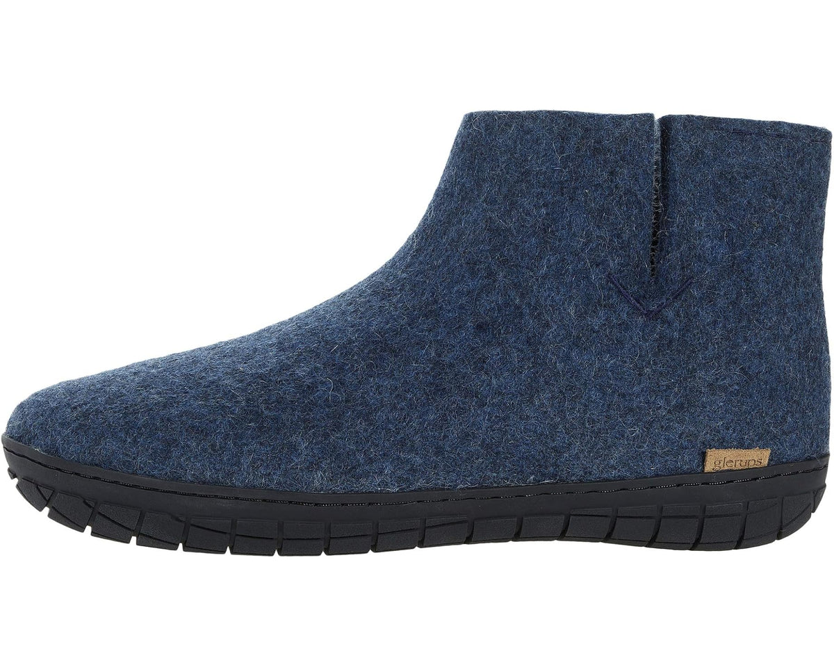 Denim-blue wool Chelsea boot with black rubber outsole and side seam