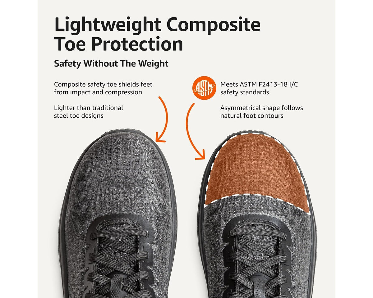 Work safety shoe toe view with lightweight composite protection and visible orange insole