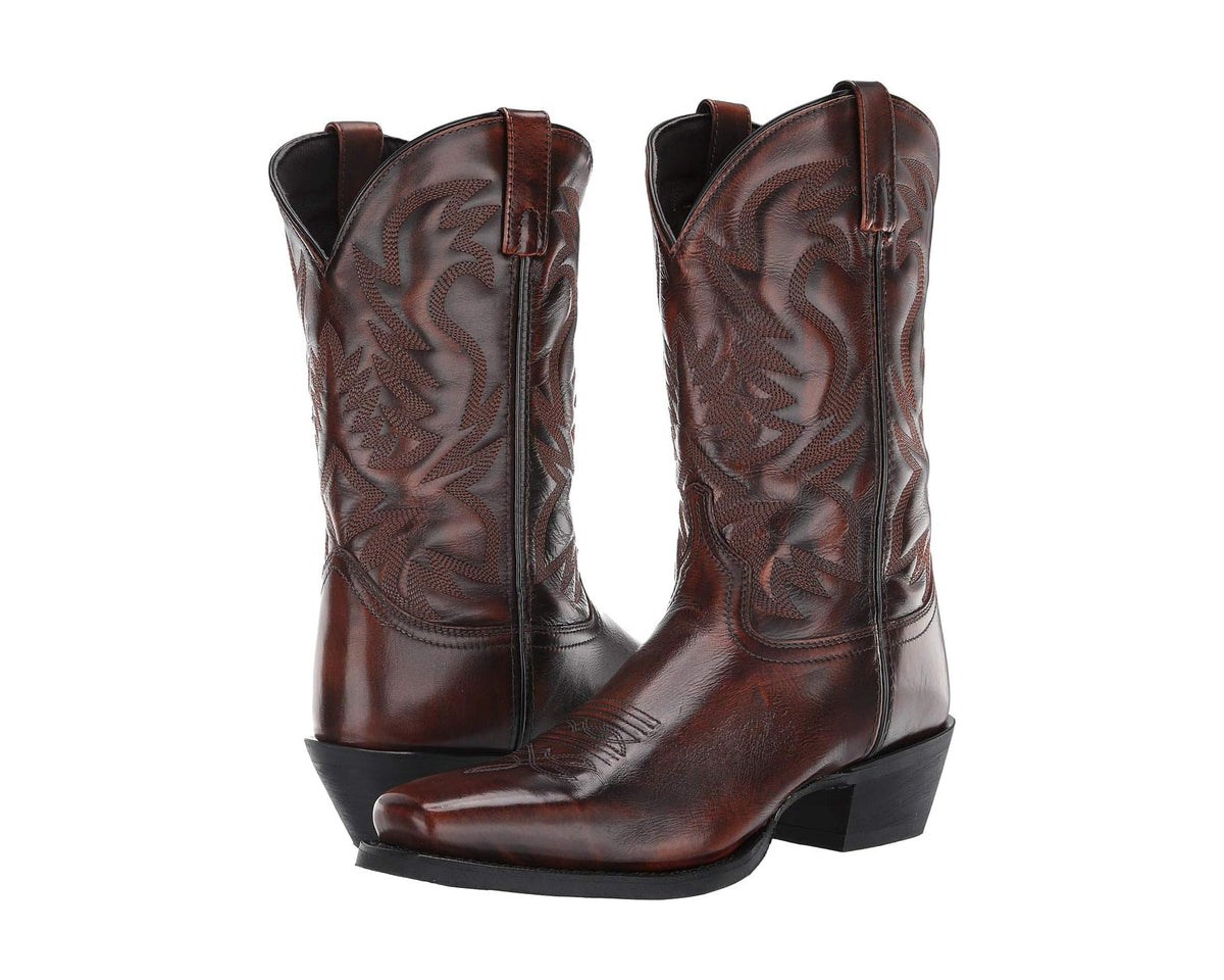 Men's tan cowboy boots with western stitched patterns and dark rubber sole