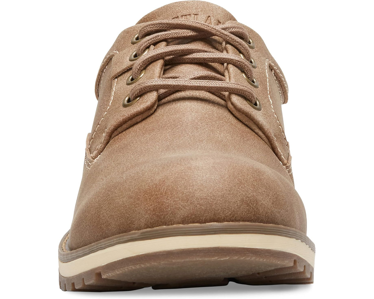 Men's tan suede lace-up shoes with metal eyelets and textured toe